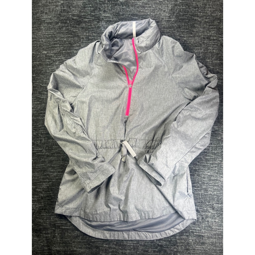 Fabletics Windbreaker Jacket Womens Medium Gray Neon Pink Ruched Quarter Zip
